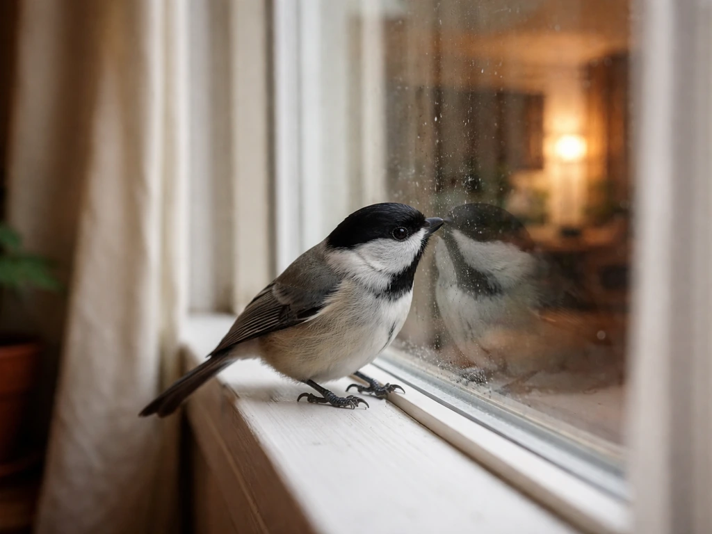 Small bird tapping a windowpane while looking inside a cozy room