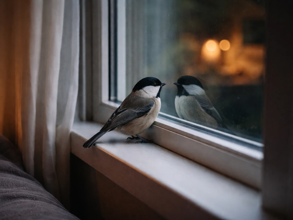 Small bird perched at a window with dim warm interior light reflecting on the glass.