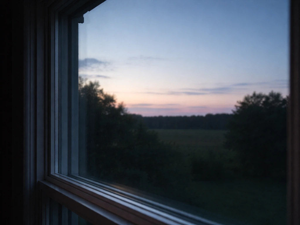 Close-up of window glass reflecting sky and trees, creating an illusion of open air beyond.