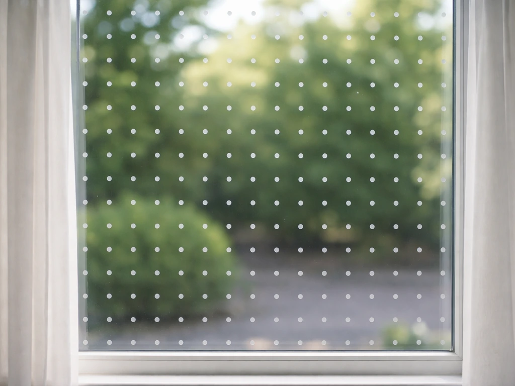 Bird-safe window film with small decals arranged in a close grid pattern on a quiet home window.