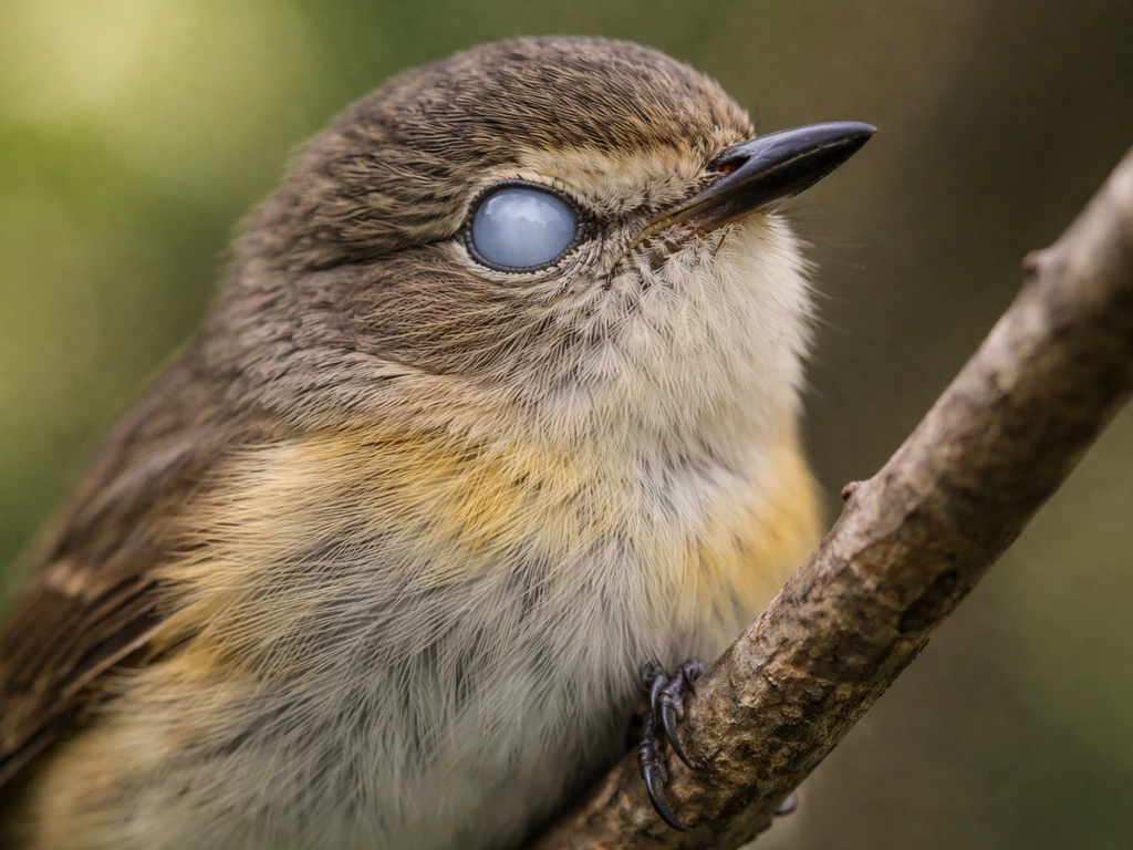Close-up of a small songbird perched, mid slow full blink with visible eyelid movement.