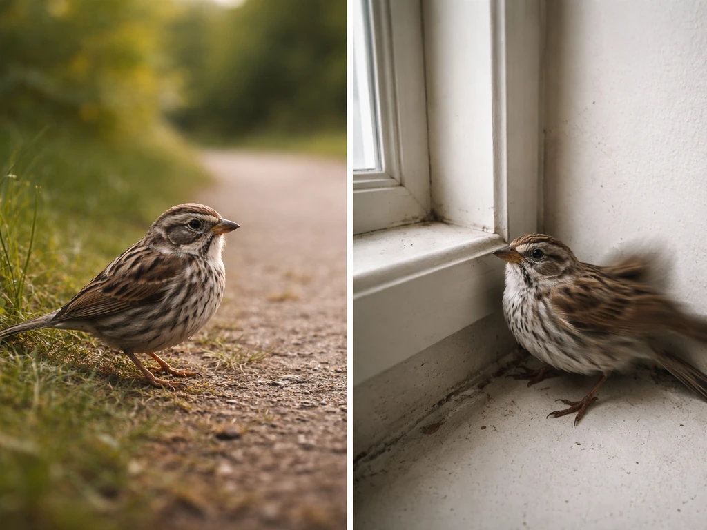A calm wild bird outdoors contrasted with a stressed bird indoors near a window corner.