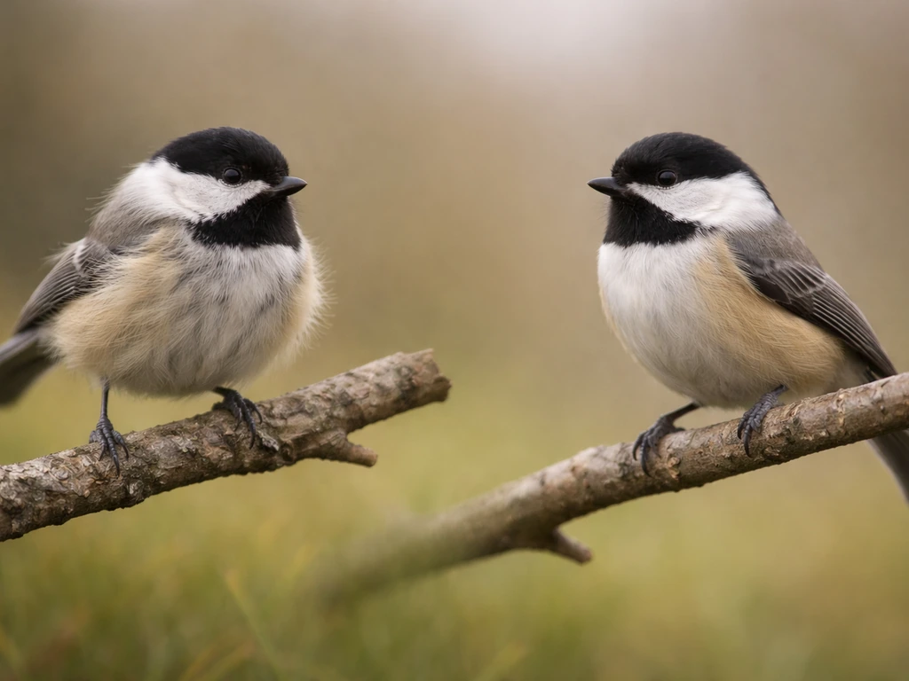 Two birds showing contrasting body language: one puffed and unsettled, the other relaxed and still.