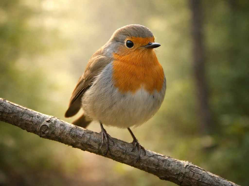 A small bird perched calmly on a branch in soft morning light, peaceful nature atmosphere