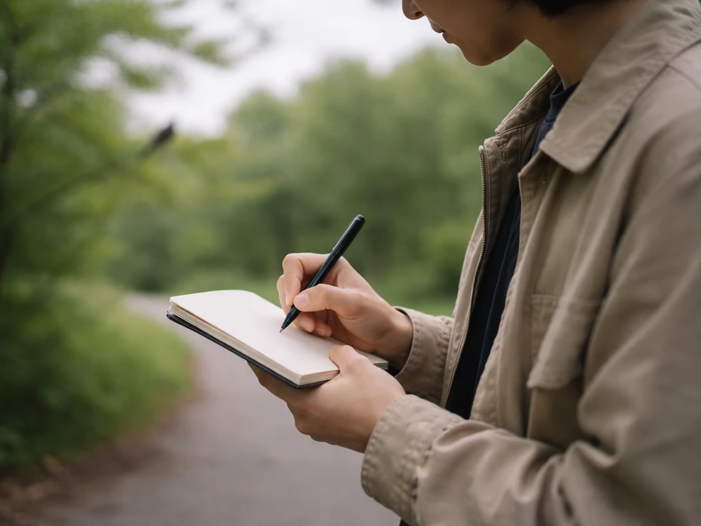 Anonymous person writing bird encounter details in a notebook outdoors with a bird blurred in the background.