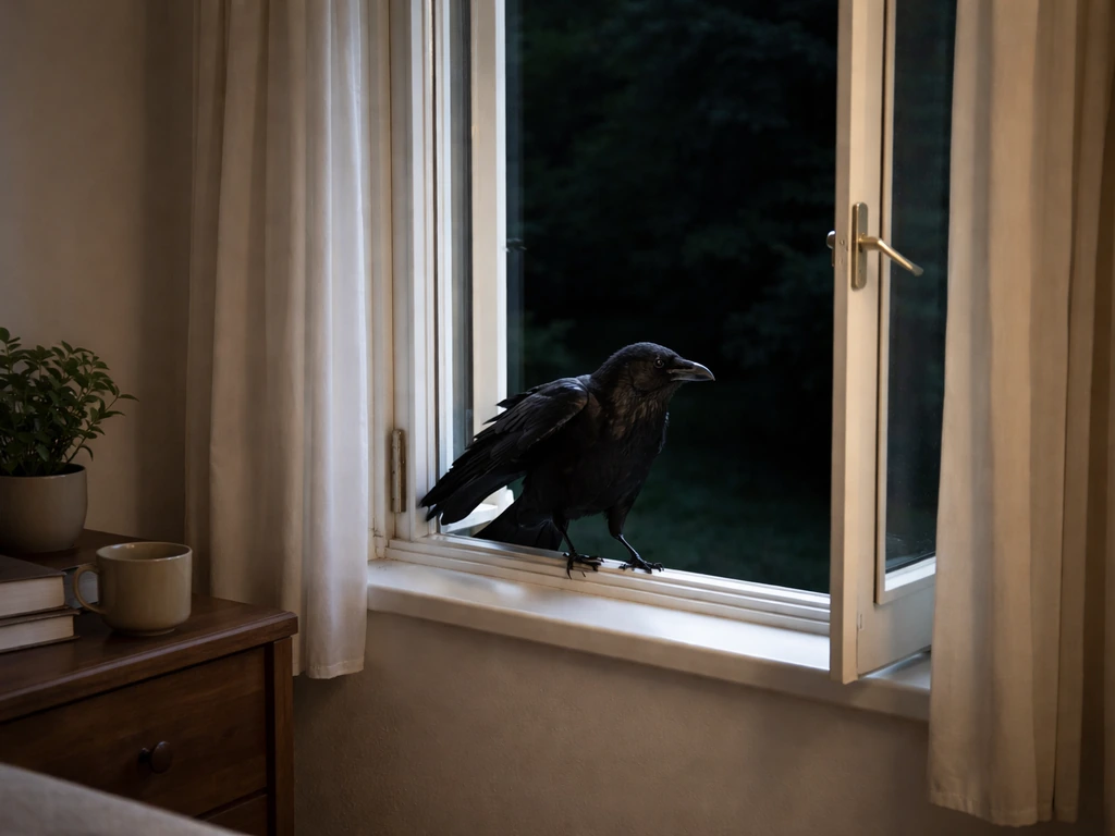 A black bird at an open window, just outside light spilling in as it looks inside.