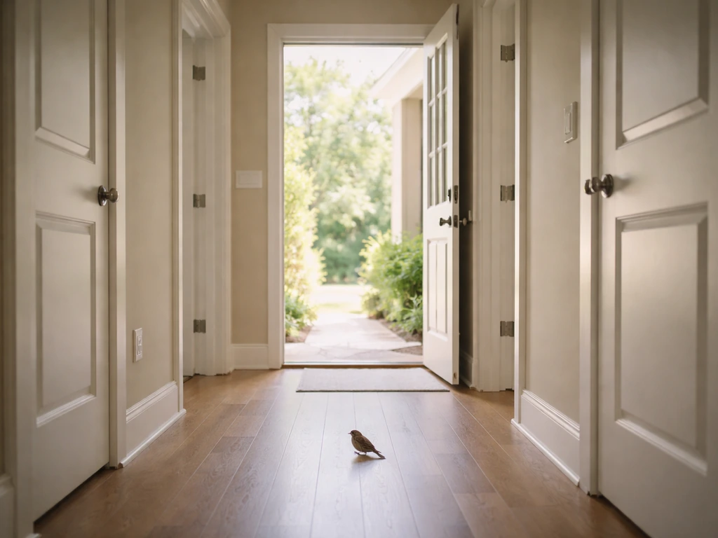Small bird near an open door with interior doors closed, showing a clear safe exit path.