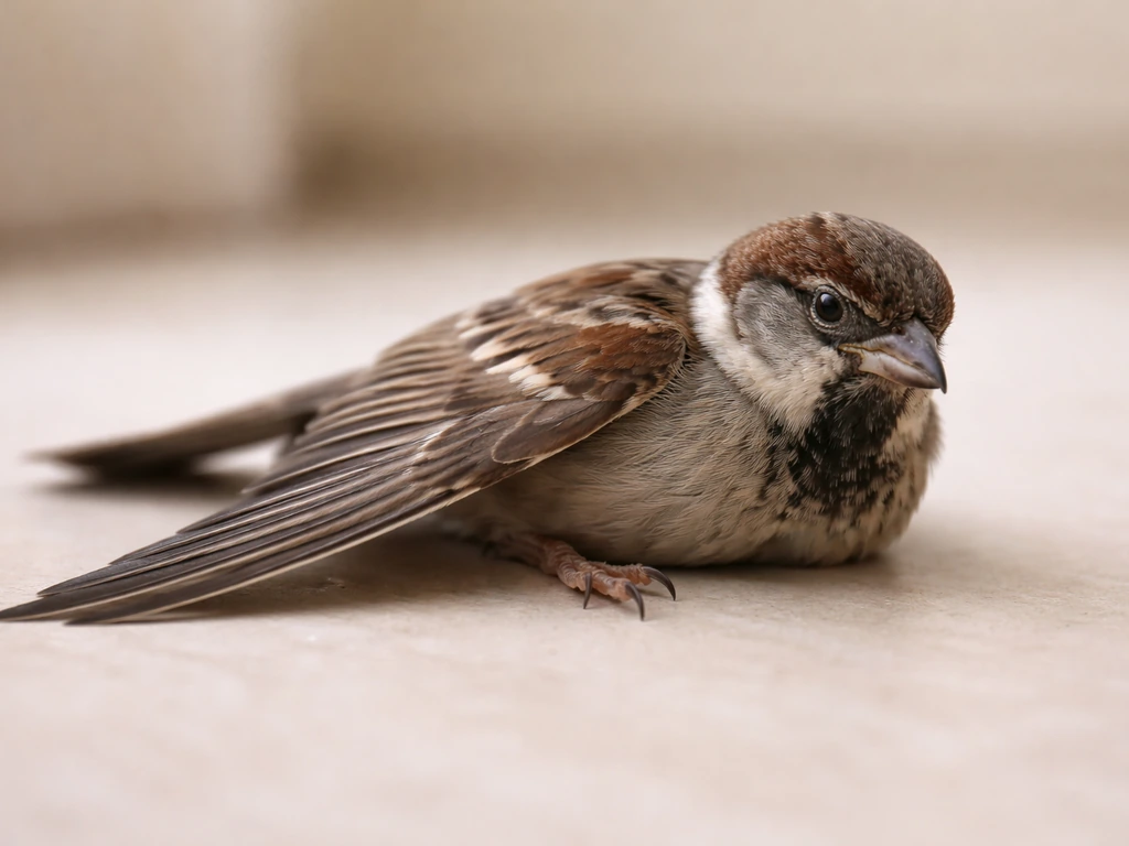 Close-up of an injured small bird on the floor with a drooping wing and dazed, impaired alertness.