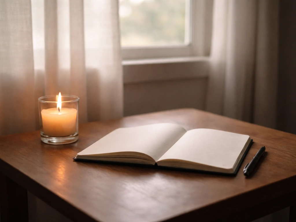 A candle and open notebook with pen by a window, creating a quiet ritual mood after a bird visit
