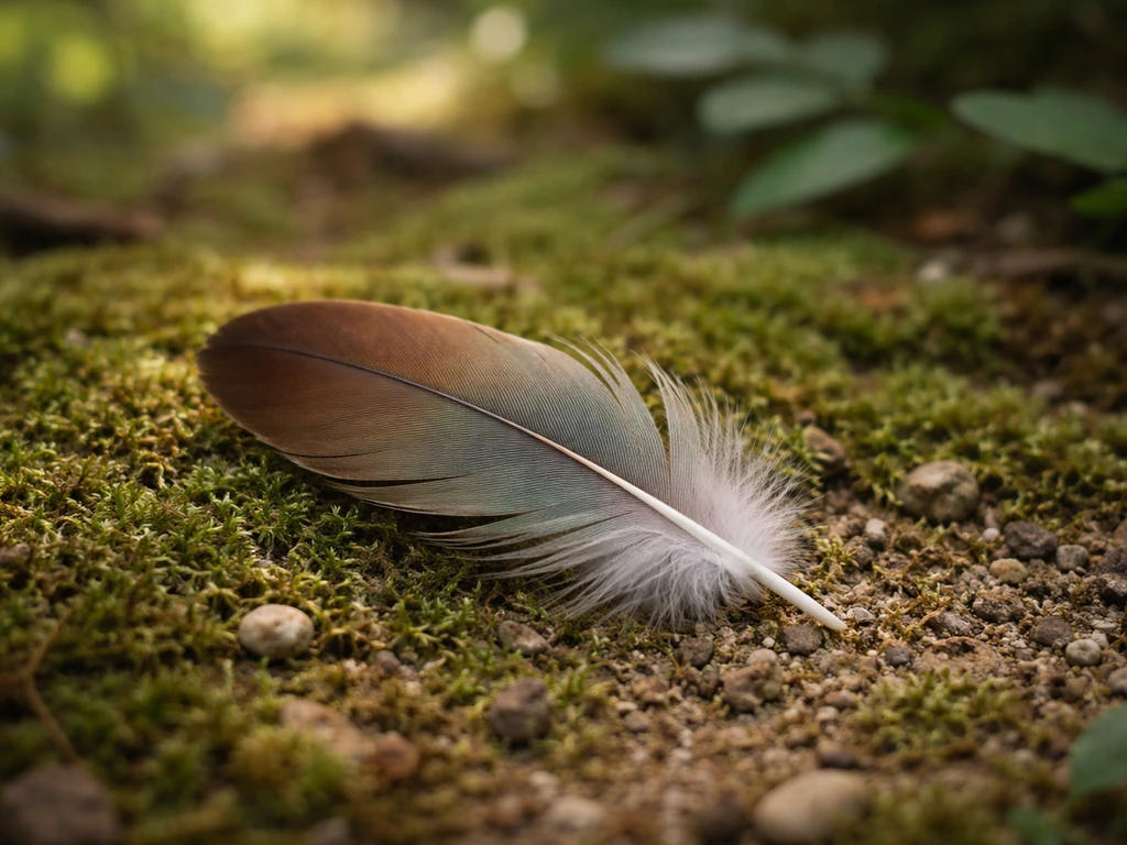 A colorful bird feather lies on mossy woodland ground in soft natural light.