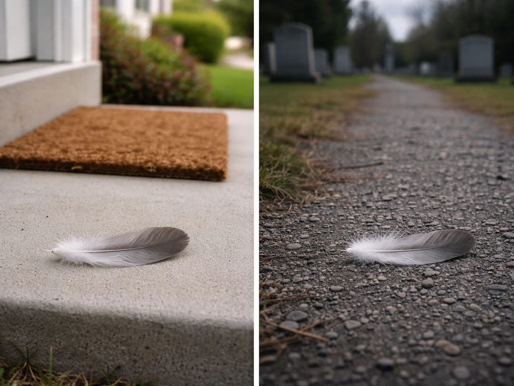 A single feather shown on a front doorstep and on a cemetery path, highlighting how location changes meaning.