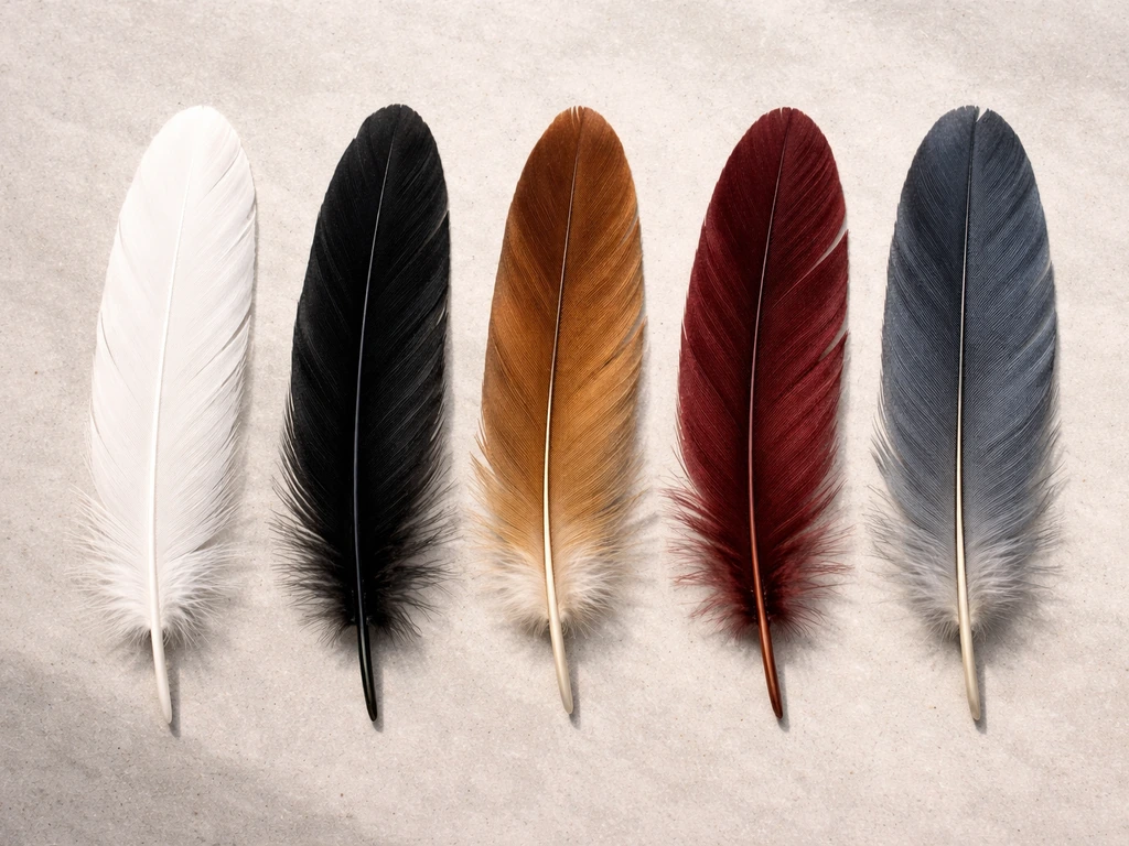 Close-up lineup of separate feathers in white, black, brown, red, and blue-gray on a neutral surface