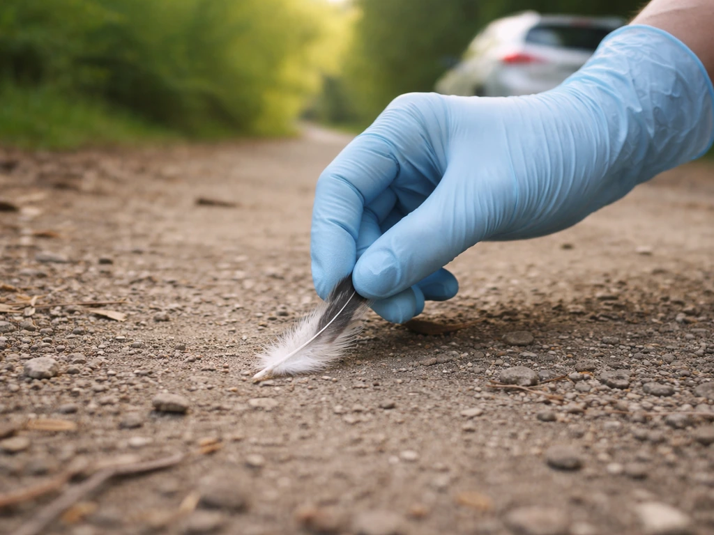Gloved hands carefully pick up a single feather beside a quiet trail, inspecting it in natural light.