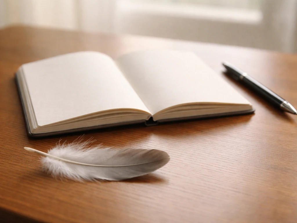 Minimal journaling desk: open blank notebook, pen, and a single feather in natural light.
