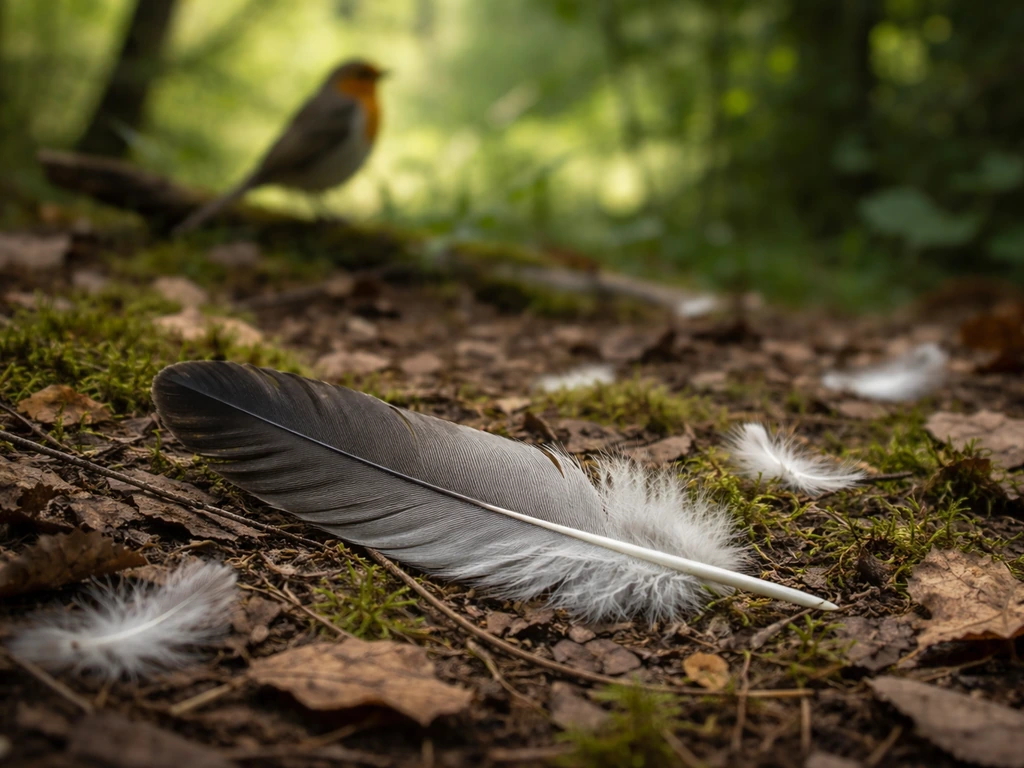 Close view of a fallen feather on forest floor near small birds, suggesting natural causes not the supernatural.