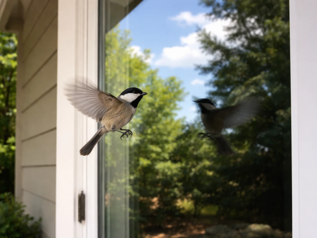 A small bird in mid-flight approaching a house window with reflective sky and trees
