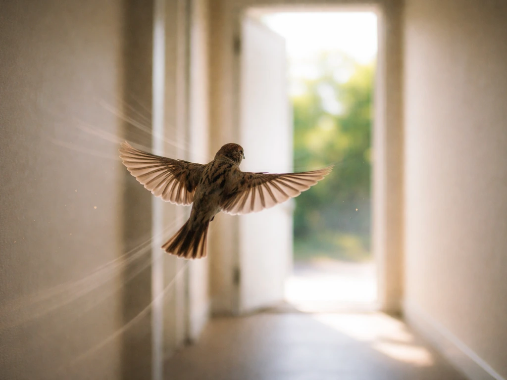 A small bird flies toward an open doorway, suggesting incoming news and change.