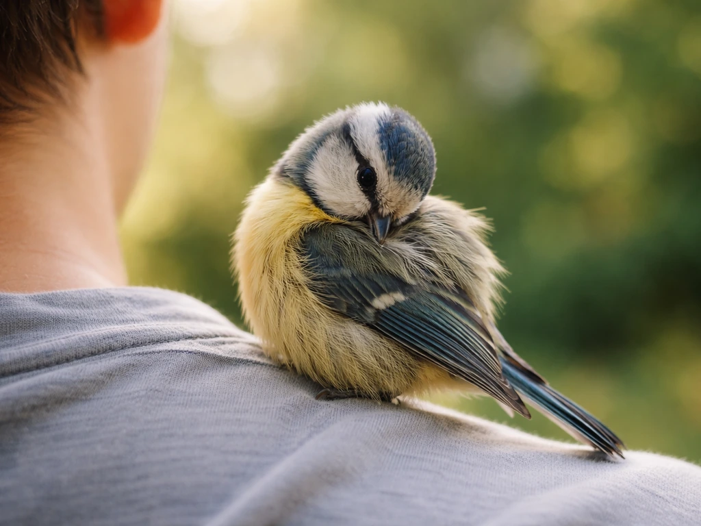 Close-up of a small bird perched on a person’s shoulder, mid-preen, gentle contact in soft natural light.