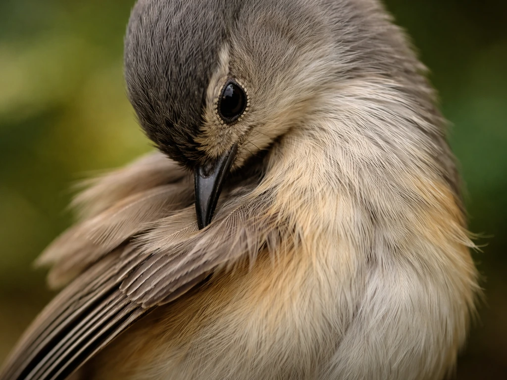 Macro close-up of a bird preening its own feathers with its bill, showing detailed feather texture.