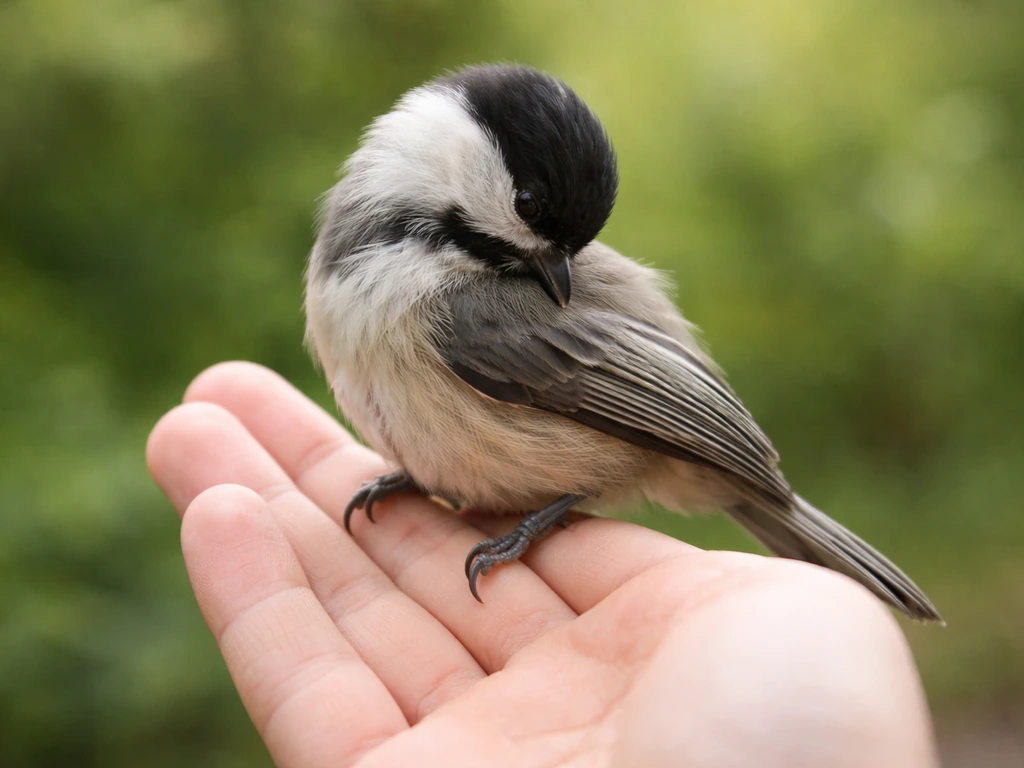 A small bird gently preening on a relaxed person’s hand, calm bonding moment in natural light.