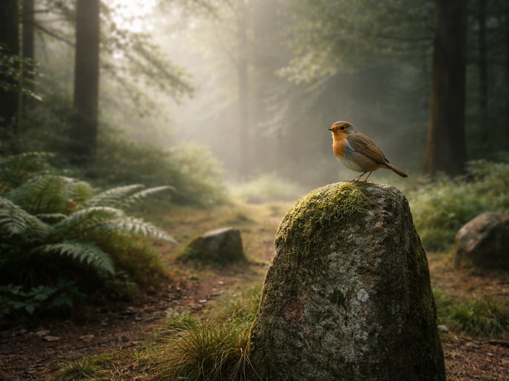 A small bird perched on a stone in a quiet forest clearing with soft mist and gentle light.