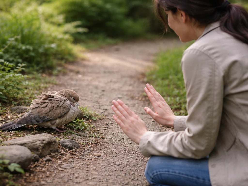 Calm person keeps hands away and steps back as a wild bird preens nearby outdoors.