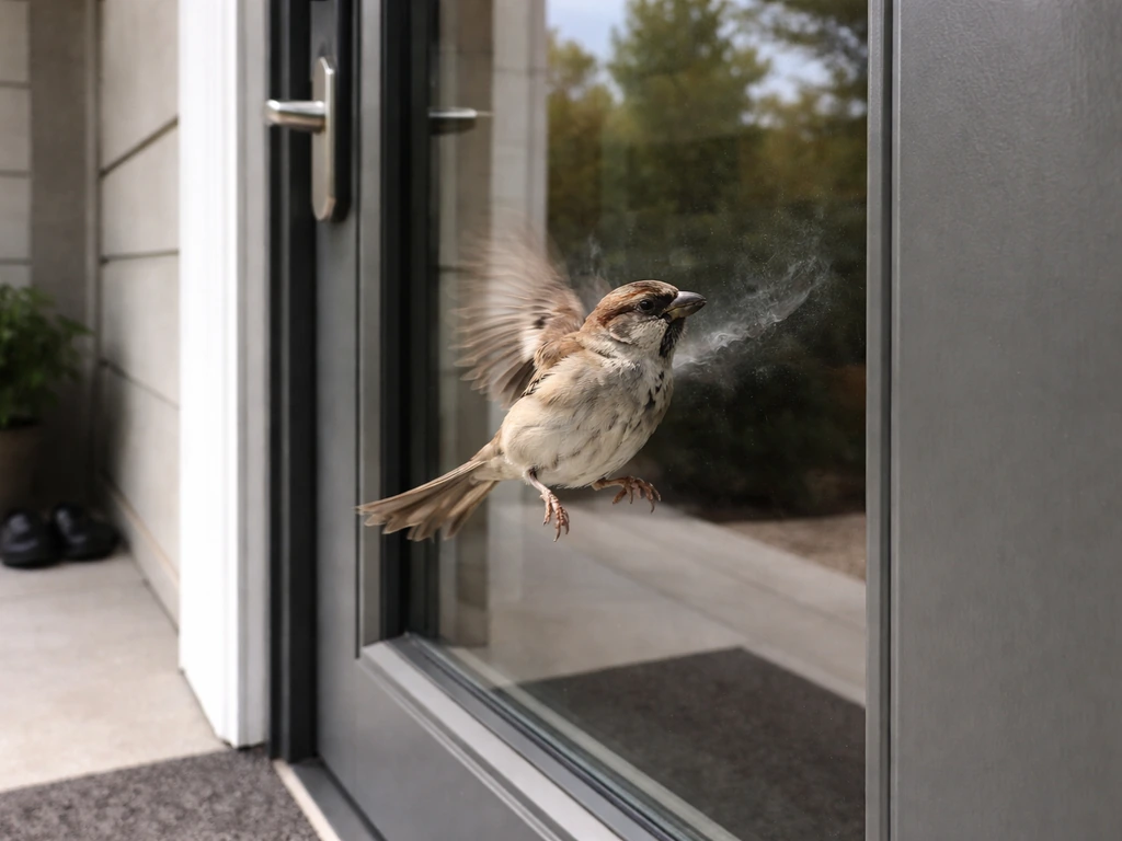 Small bird mid-impact beside a front glass door panel at a quiet home entrance. No injury shown.