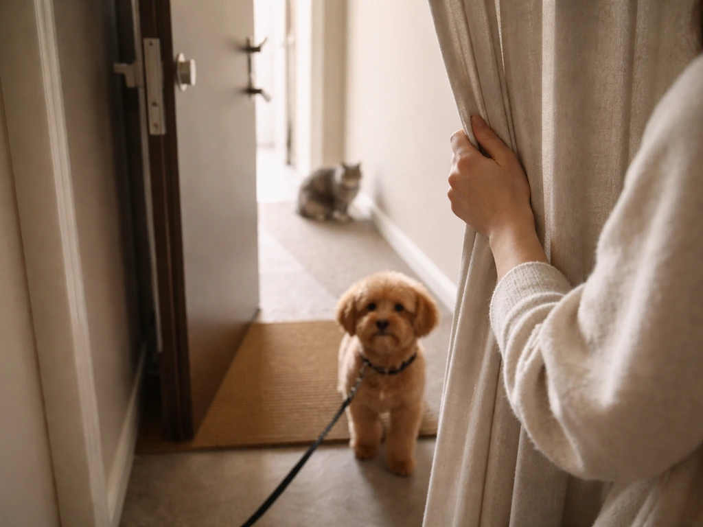 Hand near a closed front door as pets and people are kept back after a bird hits the door.