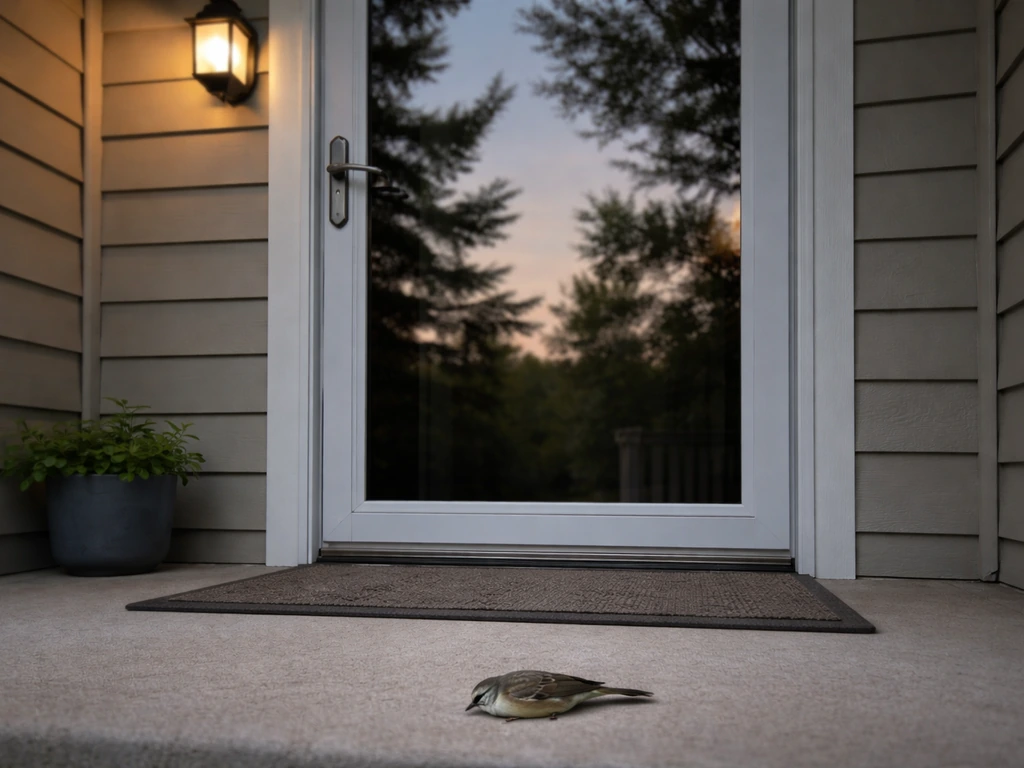 Storm door with reflective glass showing outdoor trees; a small bird near the bottom edge after a strike.
