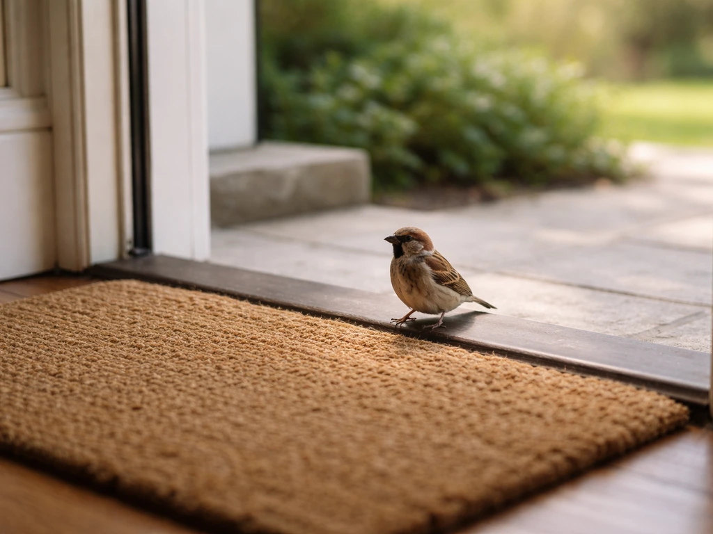 A small bird pauses near an open doorway threshold, staying just outside with cautious posture.