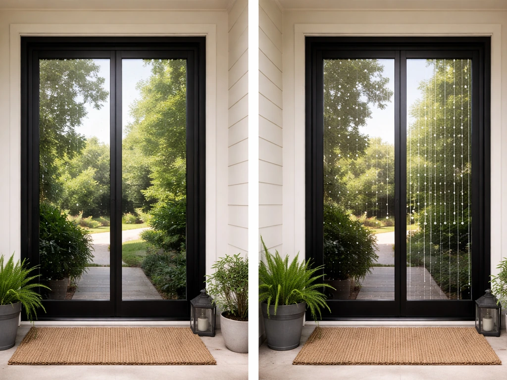 Front door with two side-by-side panels showing clear reflection versus visible bird-safe reflection blockers.