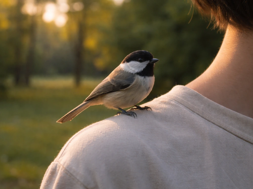 Small bird perched on a person’s shoulder outdoors in soft golden light.