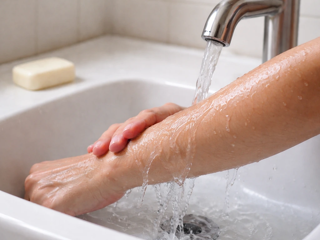 Forearm rinsed under a running faucet at a sink, showing immediate hand/skin hygiene after bird contact.