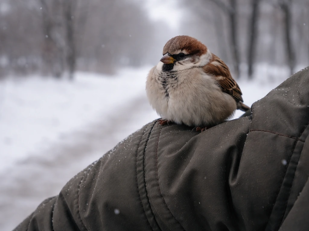 Small gray sparrow perched on a winter jacket sleeve outdoors, seeking warmth in cold air.