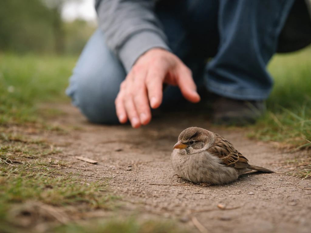 Small exhausted-looking sparrow on the ground near a kneeling person’s leg, hand hovering to help.