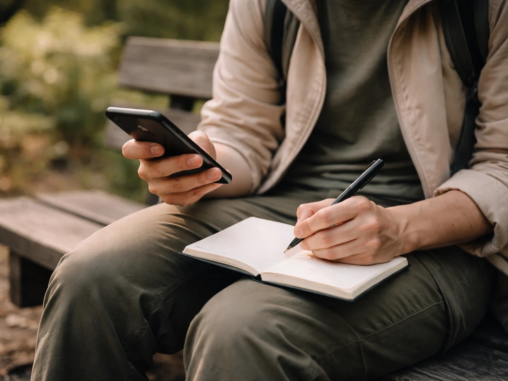 Person writing in a notebook beside a phone, documenting details after a wildlife encounter outdoors.
