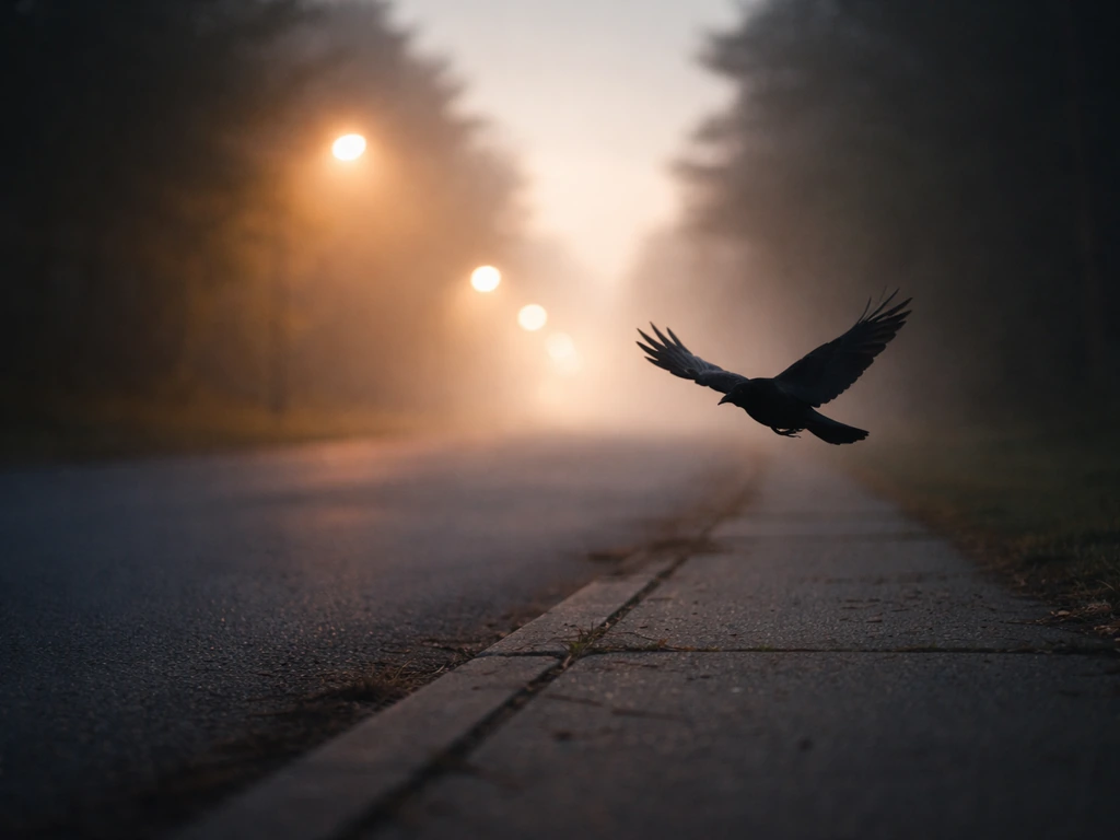 A dark bird silhouette gliding across a sidewalk as warm light rays fall ahead.