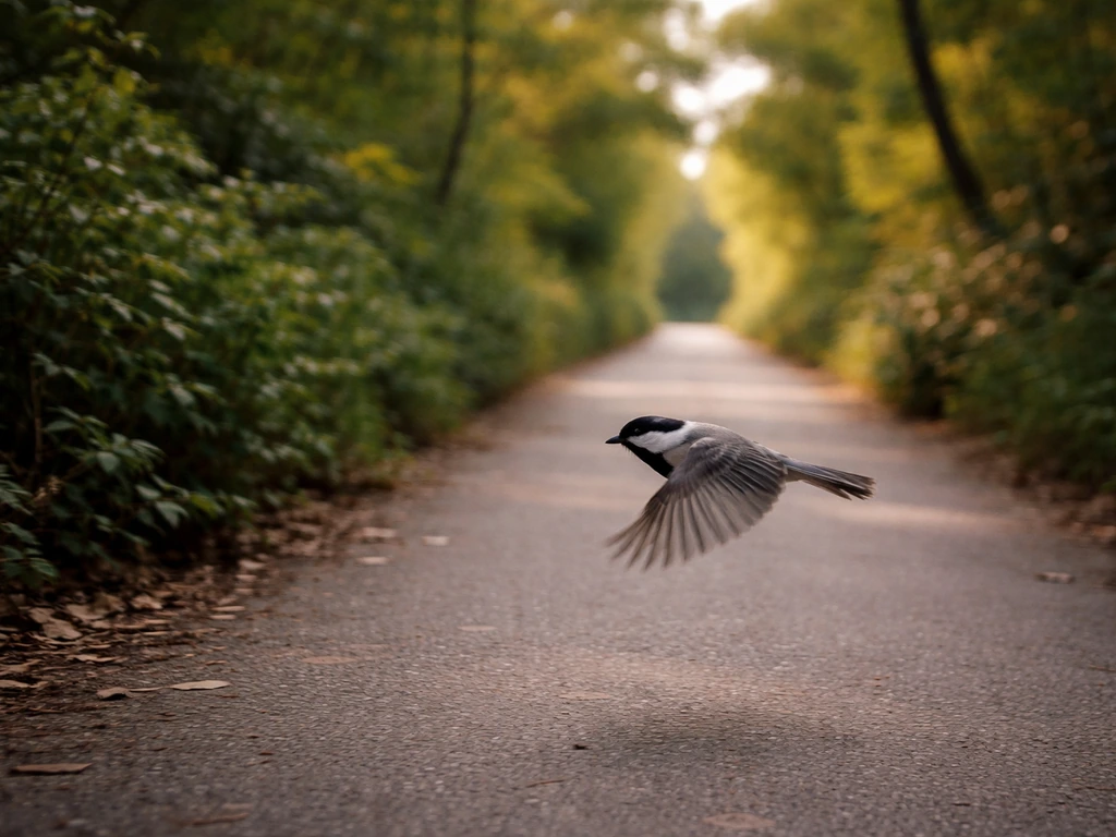 A small bird flies sideways across a quiet walkway, blurred greenery in the background.