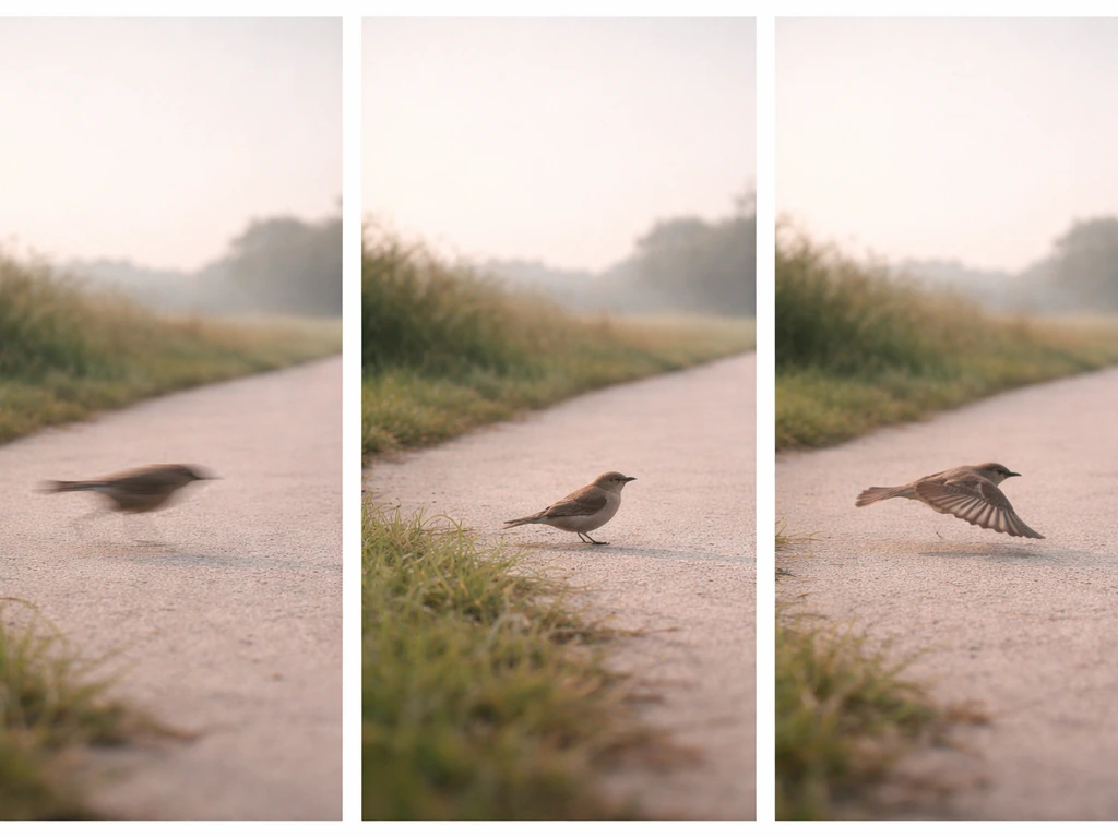 Triptych of one bird darting, pausing near a path, and gliding across it under natural light