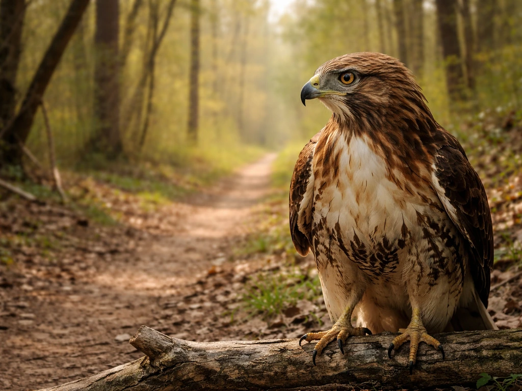 A hawk perched low beside a forest path in early spring light.