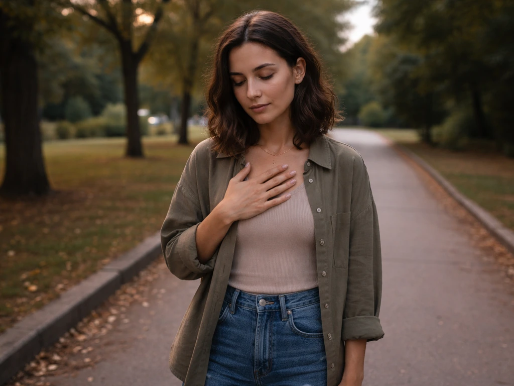Person on a quiet park path pauses and takes a mindful breath, looking grounded after an encounter.