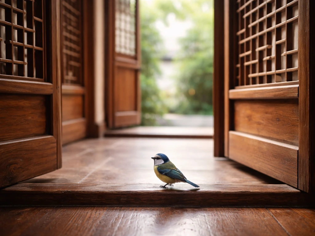 A small bird perched inside an open doorway of a traditional Chinese home, with a clear exit visible.