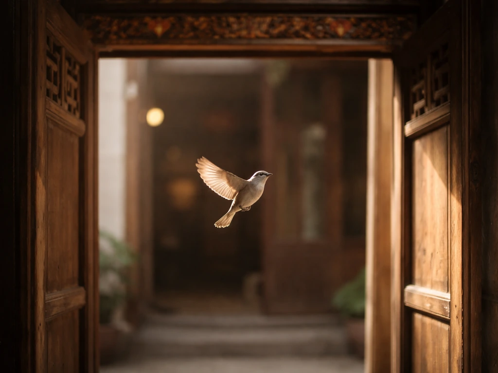 A bird flies in through a traditional Chinese home doorway, near an ornate carved lintel.