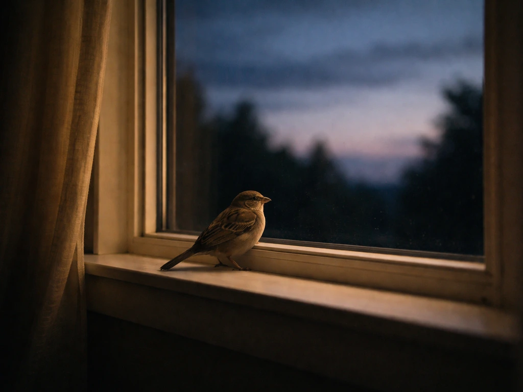 A bird perched by a window at dusk/night, calm moody light suggesting a timing-related omen reading.