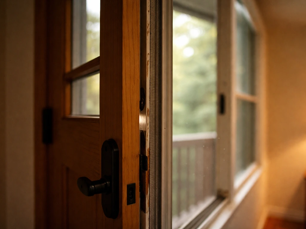 Open door and window with screen gaps and warm interior light glowing near the opening.