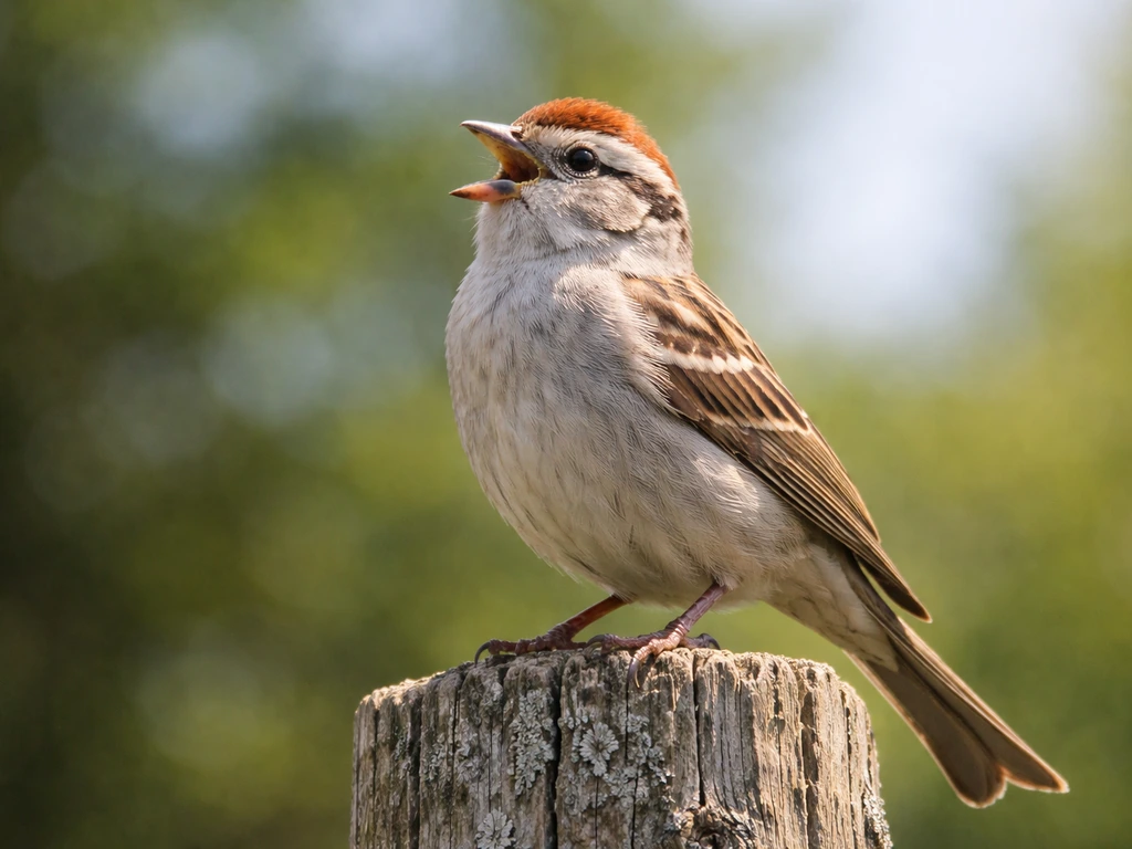 Close view of a male songbird perched high, singing with open beak against a softly blurred outdoor background.