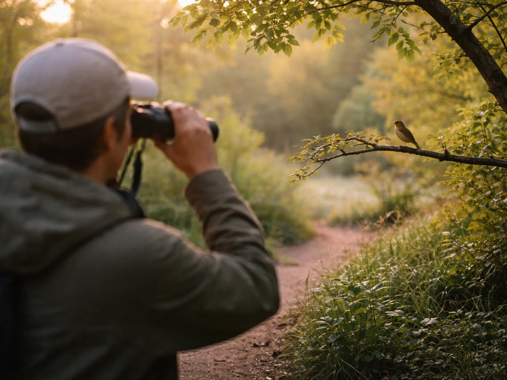 Person at a safe distance watching a chirping bird through binoculars to assess urgency