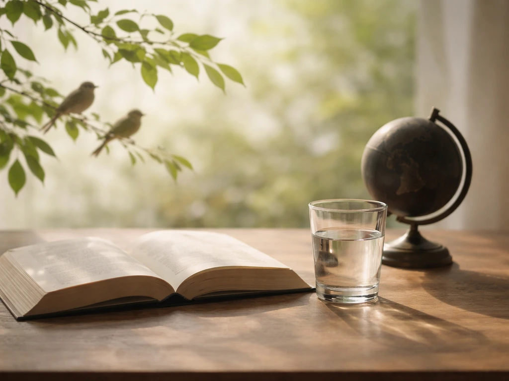 Open Bible-like book, globe silhouette, leafy branches and small birds above a glass of water in natural light.