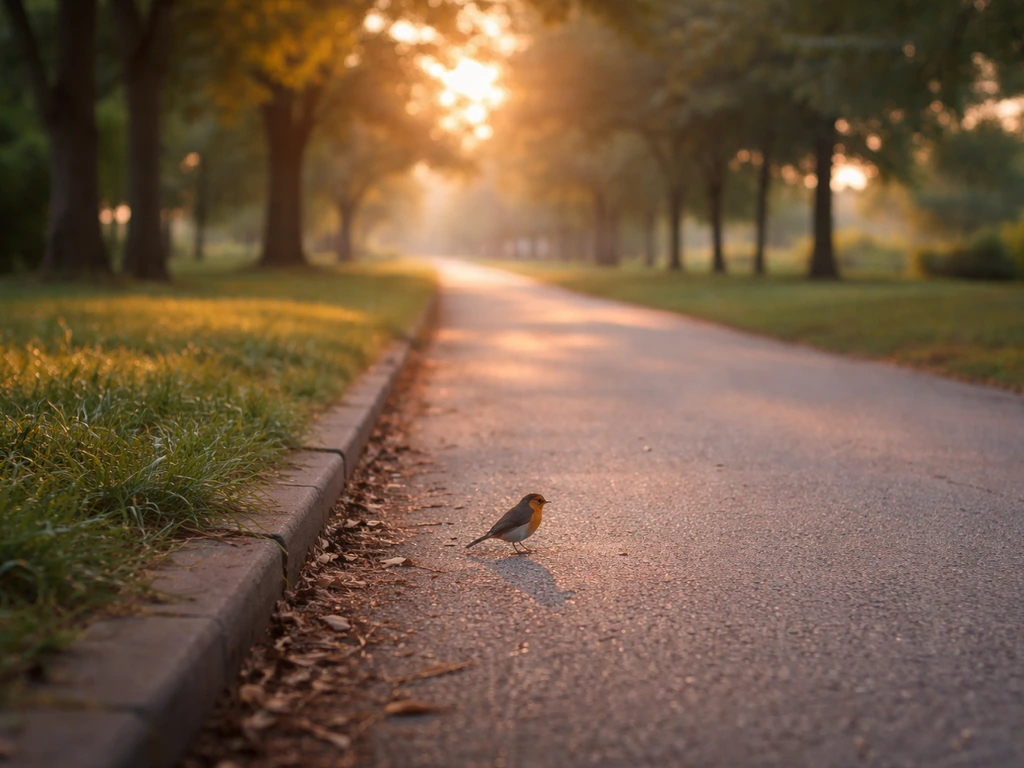 Small songbird perched on a quiet park sidewalk in soft morning light