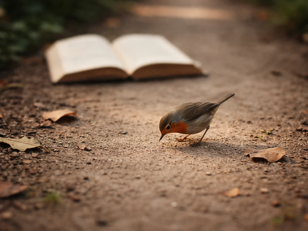 Close-up of a small bird pecking on a garden path, with softly blurred open book pages nearby.